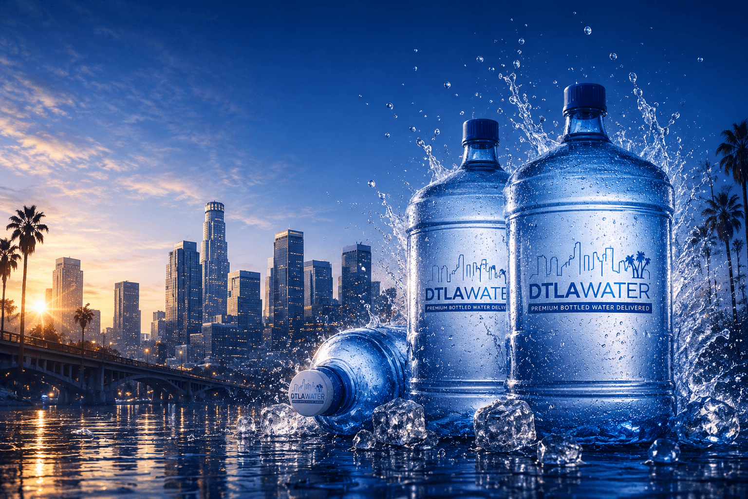 Downtown Los Angeles skyline with DTLA Water delivery bottles